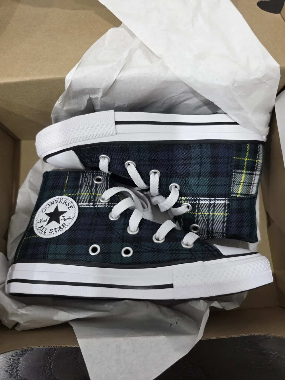 Converse All Star Navy Green Plaid High Top Sneakers